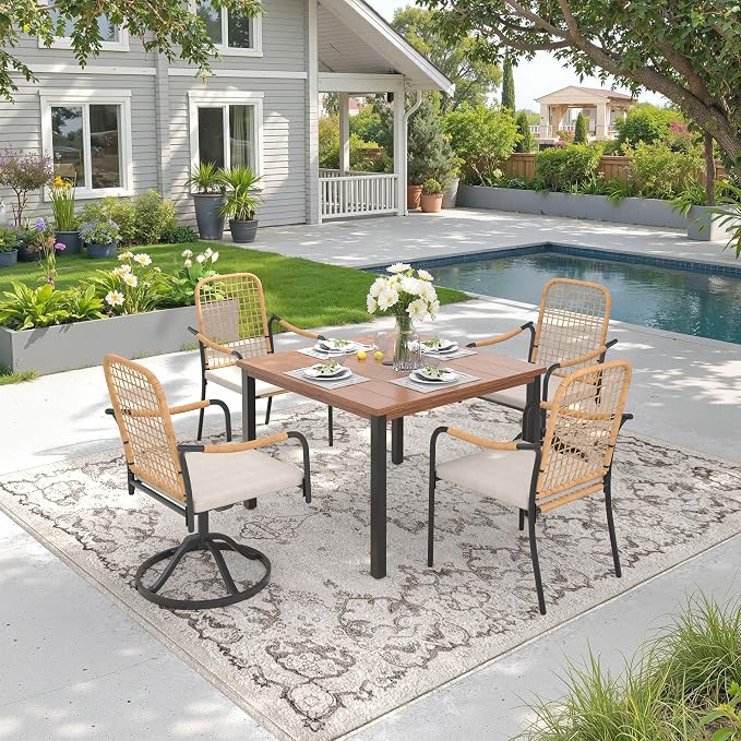 DIFY 5 Pieces Outdoor Dining Set for 4, 40.2" Walnut Square Metal Table with 2 Stackable Wicker Patio Chairs & 2 Swivel Chairs, Patio Furniture Set with Cushions and Umbrella Hole, Wheat Rattan