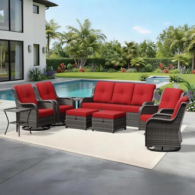 Joyside 9 Piece Wicker Patio Furniture Set, Outdoor Swivel Rocker Patio Chairs with High Back, Deep Seating, Wide Armrest, Thickened Cushions, Outdoor Furniture for Deck, Porch Use