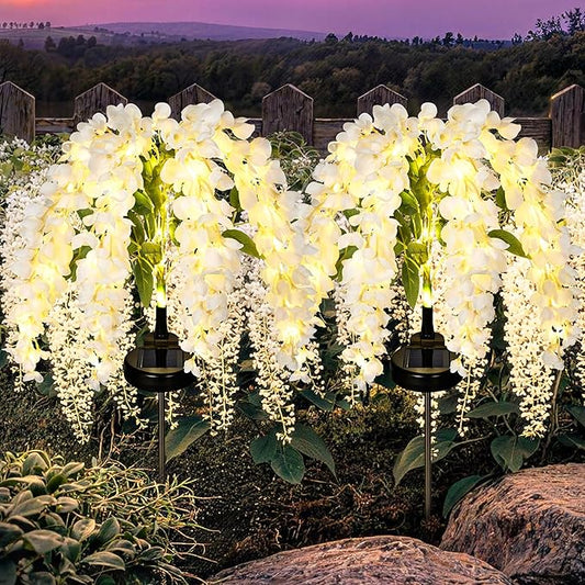 GIGALUMI Solar Lights Outdoor for Garden Decor, 2 Pack Solar Flower Lights Waterproof, 2 Lighting Modes Wisteria for Pathway,Yard, Patio Decoration, Gardening Gifts for Women (White)