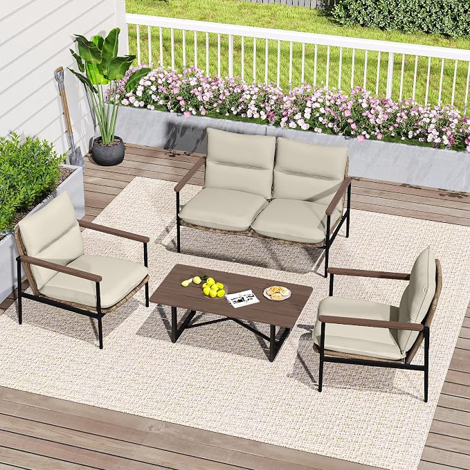 HAPPATIO 4-Piece Outdoor Furniture Set, Aluminum Patio Converation Set with Wicker Seat and Acacia Wood Armrest, Loveseat Sofa Set with Olefin Cushion and Wood Table for Garden Lawn Backyard