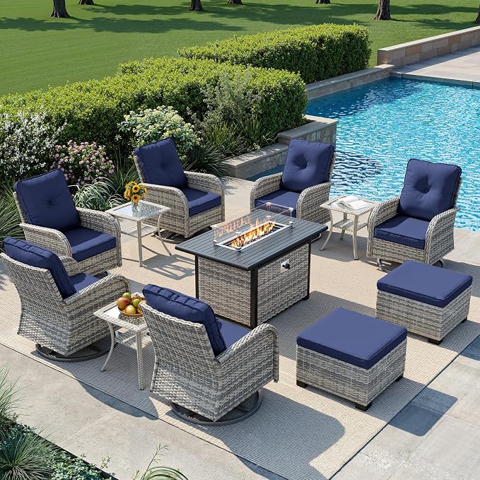 12-Piece Small Patio Furniture Set, Outdoor Swivel Rocking Chairs Set with 55,000 BTU Fire Pit Table Wicker Chairs and Ottomans, Patio Bistro Set for Balcony, Deck, Porch, Navy Blue