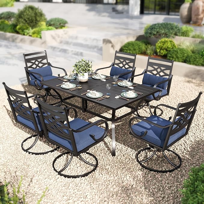 PHI VILLA Patio Dining Set, Swivel Chairs, Metal Table | Metal chairs, Blue Cushion, Umbrella Hole, Cushions, E-coated