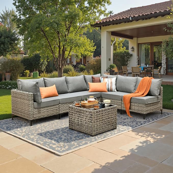 7 Piece Outdoor Patio Furniture with Glowing Coffee Table, Rattan Wicker Conversation Set with Sofa, Sectional Single Chairs for Outside Porch Balcony Backyard Pool,Grey