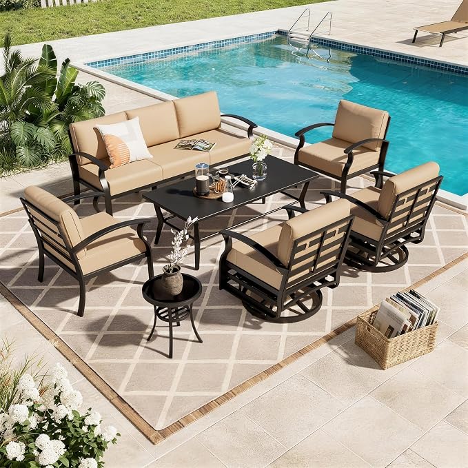 Aluminum Patio Furniture Set with Coffee Table,7 Seats Metal Modern Outdoor Furniture w/5.1" Thick Cushions, Sectional w/Swivel Chairs for Backyard,Sand