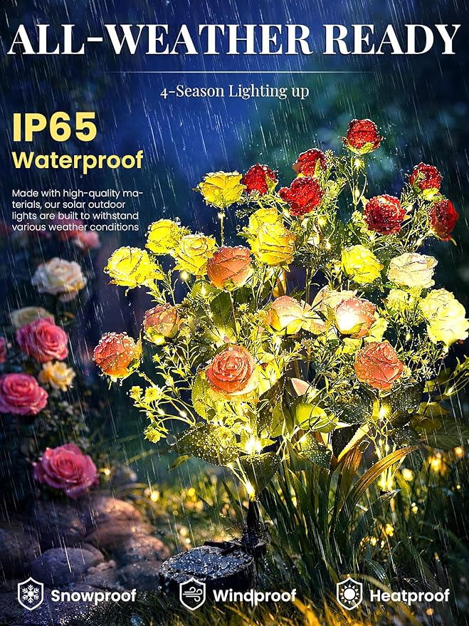 GIGALUMI Solar Lights Outdoor for Garden Decor, 4 Pack Solar Flower Lights Waterproof, 2 Lighting Modes 28 Roses for Pathway,Yard, Patio Decoration, Gardening Gifts for Women (Multi-Colored)