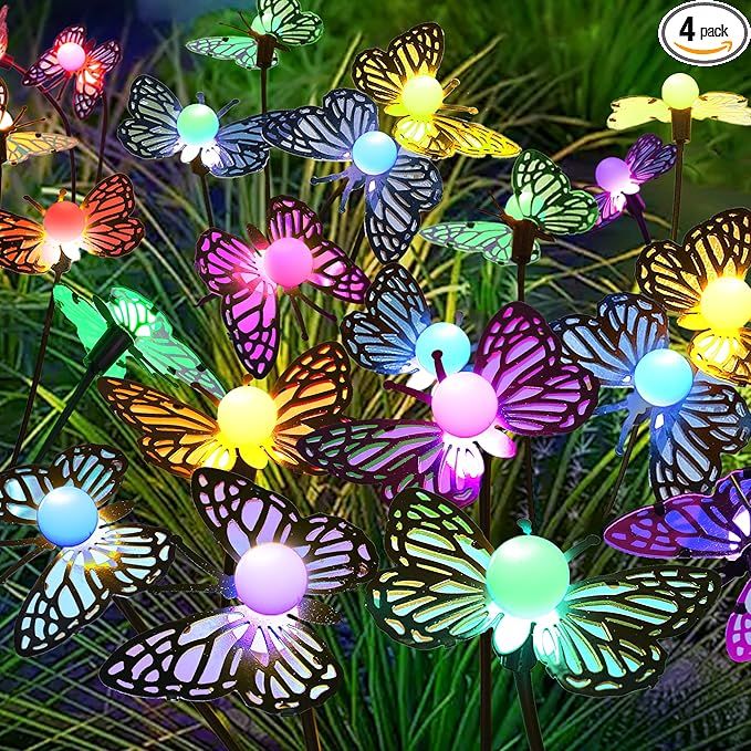 MRHEPHAESTUS Solar Garden Butterfly Lights, 4 Pack 48 LED Solar Swaying Lights, 7 Color Changing Waterproof Firefly Light Outdoor Fairy Light for Garden Patio Yard Pathway Flower Bed Decoration