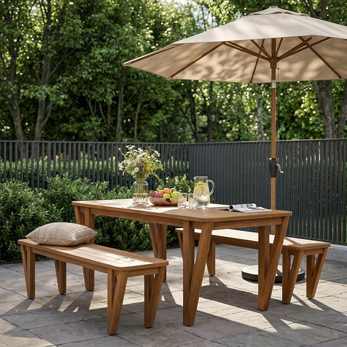 Christopher Knight Home Cove Acacia Wood Outdoor Dining Set for 6, Patio Dining Table with Bench, 3 Piece Outdoor Dining Table Set, Teak