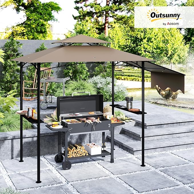 Outsunny 8' x 5' Grill Gazebo, Double Tiered Outdoor BBQ Gazebo with Side Awning, 2 Side Shelves and 6 Hooks for Patio, Deck, Yard, Brown