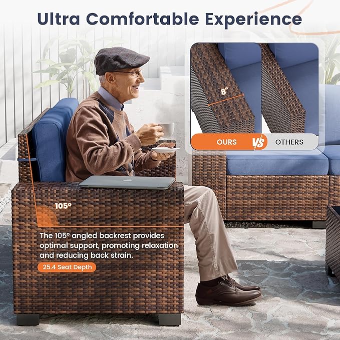 UDPATIO Patio Furniture Set with Fire Pit Table, 8 Inch Armrest 7 Piece Outdoor Sectional Sofas, All-Weather Wicker Conversation for Garden, Backyard, Brown/Navy Blue
