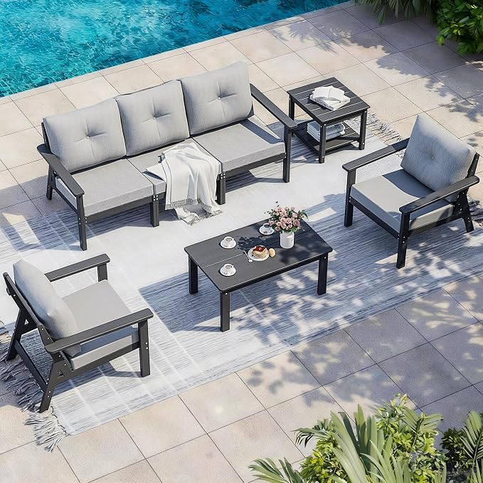 7-Piece HDPE Patio Furniture Set, Outdoor Sectional Sofa Set,All Weather Outdoor Couch with Dust-Free Cushions, Durable Patio Conversation Sets for Balcony, Porch, Gray