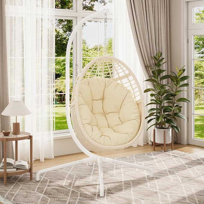 Eremi Hanging Egg Chair with Stand, Indoor Outdoor Wicker Rattan Swing Hammock Chair for Patio Porch Bedroom, Beige Cushioned Lounge Chair, 400 LBS Capacity