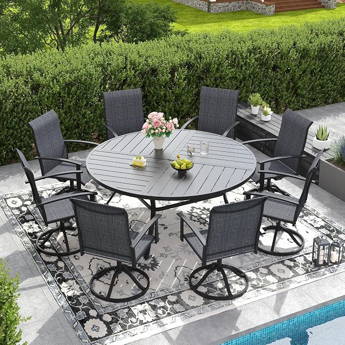 DIFY 9 Pieces Outdoor Dining Set, Metal Patio Table and Chairs Set for 8 with Umbrella Hole, 59.8" Black Round Table and Dark Grey Textilene Swivel Patio Chairs for Garden, Backyard, Poolside