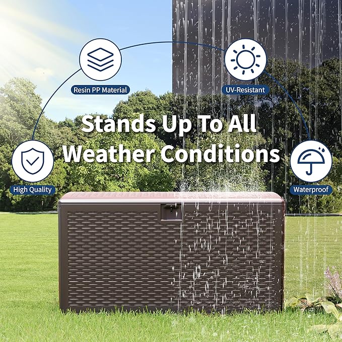 73 Gallon Waterproof Large Resin Deck Box Indoor Outdoor, Lockable Storage Container for Patio Furniture Cushions, Throw Pillows, Garden Tools, and Pool Floats, Brown