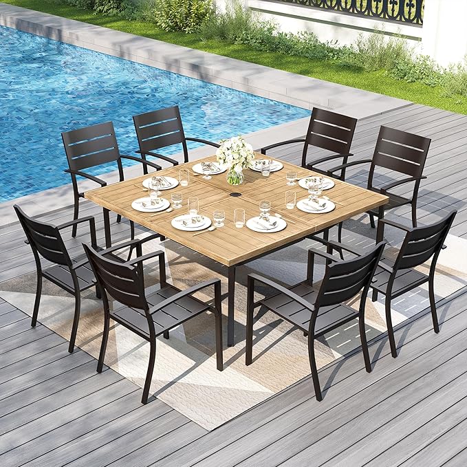 PHI VILLA 9 Pcs Outdoor Dining Set, 57.5" Square Brown Table | 57.5”Black Metal Table w/Umbrella Hole&Stackable Iron Chairs, Large Outside Furniture Set for Deck, Yard, Porch