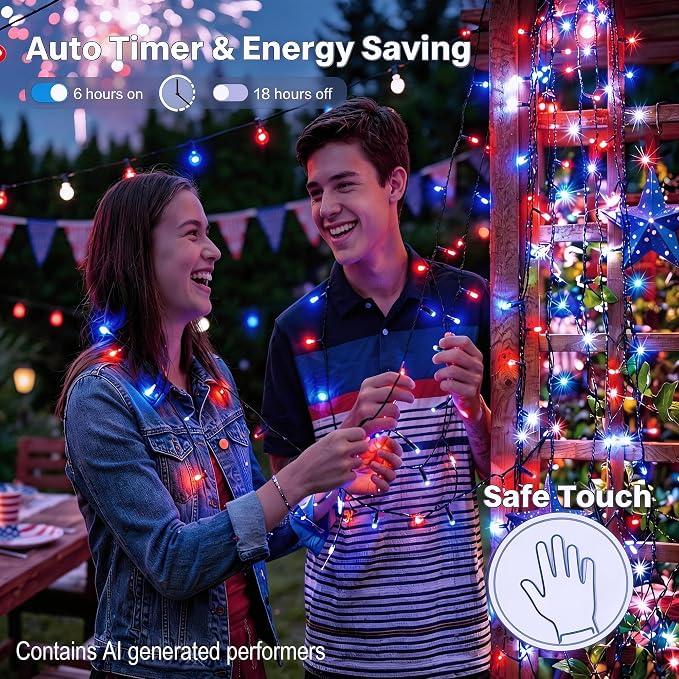 66ft 200LED Red White Blue Patriotic Lights for 4th of July Decoration Battery Fairy String Lights Indoor Outdoor Waterproof Remote Timer 8 Modes for Independence Day American Flag Holiday