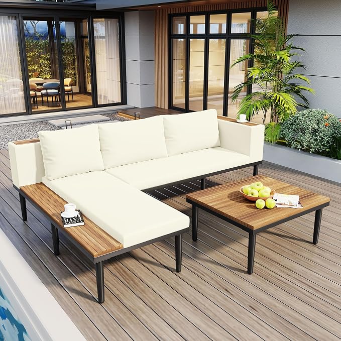 Luxury Patio Furniture Set with Removable Cushions and Coffee Table, L-Shaped Acacia Wood Sofa with Side Table, Outdoor Conversation Sectional Sofa for Backyard,Porch (Beige#51)