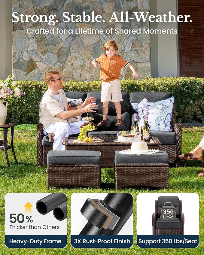 HILLGA 11-Piece Luxury Patio Furniture Set with 6" Thick Cushions, Weather-Resistant Wicker High Back Swivel Rocker Chairs, Senior-Friendly Outdoor Sofa Set for Large Deck, Yard and Poolside, Gray(V2)