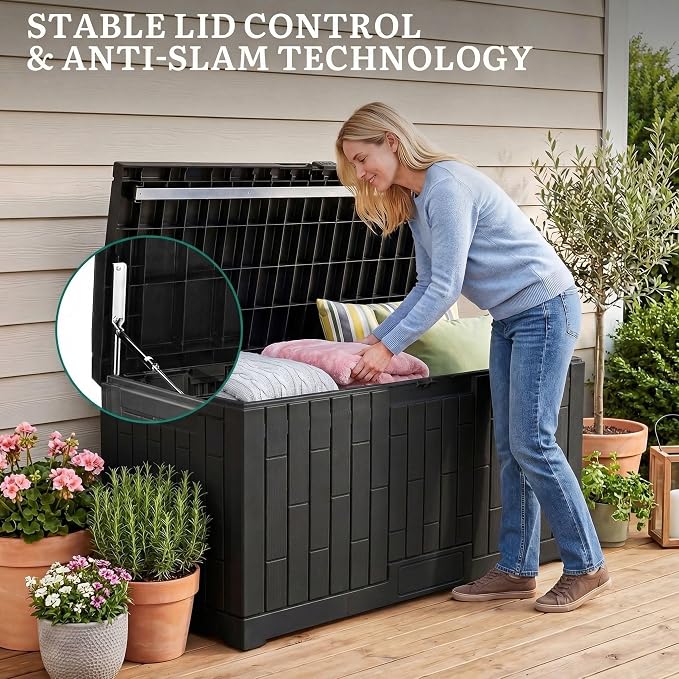 YITAHOME Large Deck Box 120 Gallon Resin Outdoor Storage Box with Slide-Locking Lid, Patio Storage Bin and Bench Seat for Outdoor Pillows, Garden Tools and Pool Supplies, Waterproof Lockable, Black
