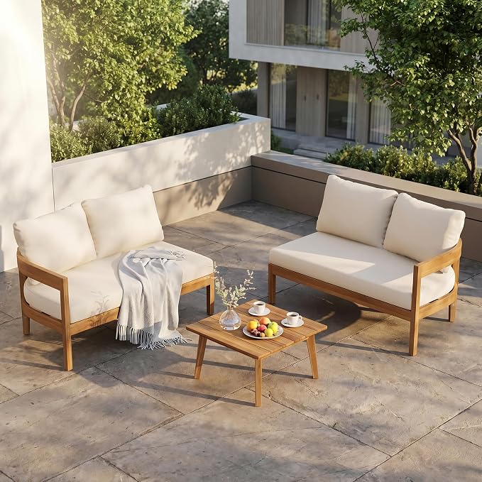 Merax 2 Piece Patio Outdoor Conversation Set, All-Weather Curved Acacia Wood 2 Loveseat Sofas with Cushions for Backyard Deck Poolside,Free Combination, Teak+ Beige