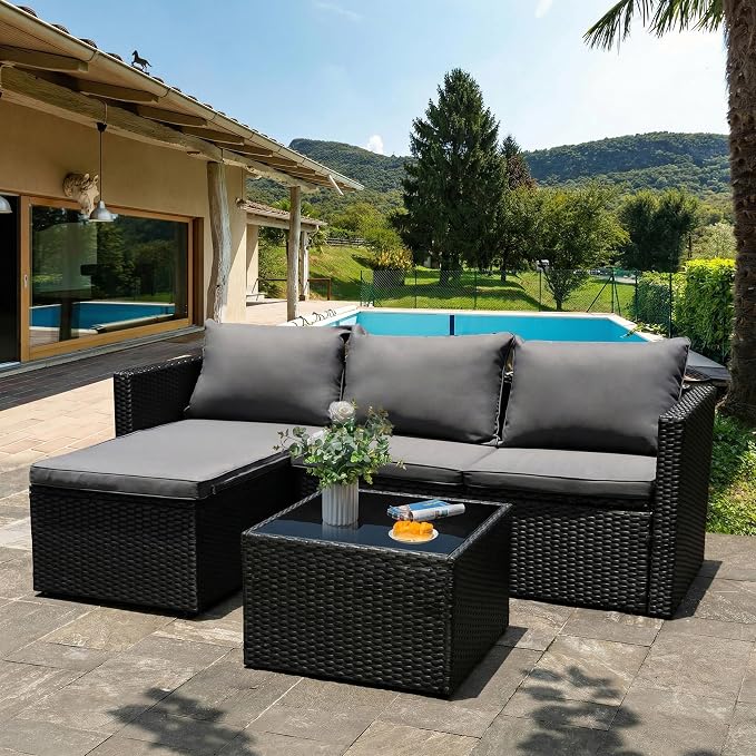 Shintenchi 4 Pieces Patio Furniture Set, 2-in-1 Convertible Sectional Sofa & Chaise Lounge, All-Weather Wicker Rattan Sofa Couch with Cushions & Coffee Table for Yard, Garden, Porch, Poolside (Gray)