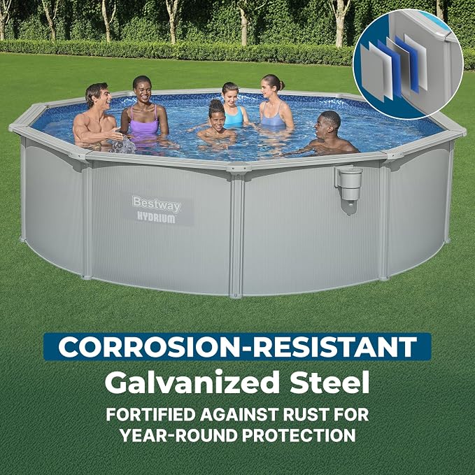Bestway Hydrium 15' x 48" Above Ground Pool, Round Steel Side Wall Frame Outdoor Swimming Pool Set with Sand Filter Pump, Ladder & Accessories