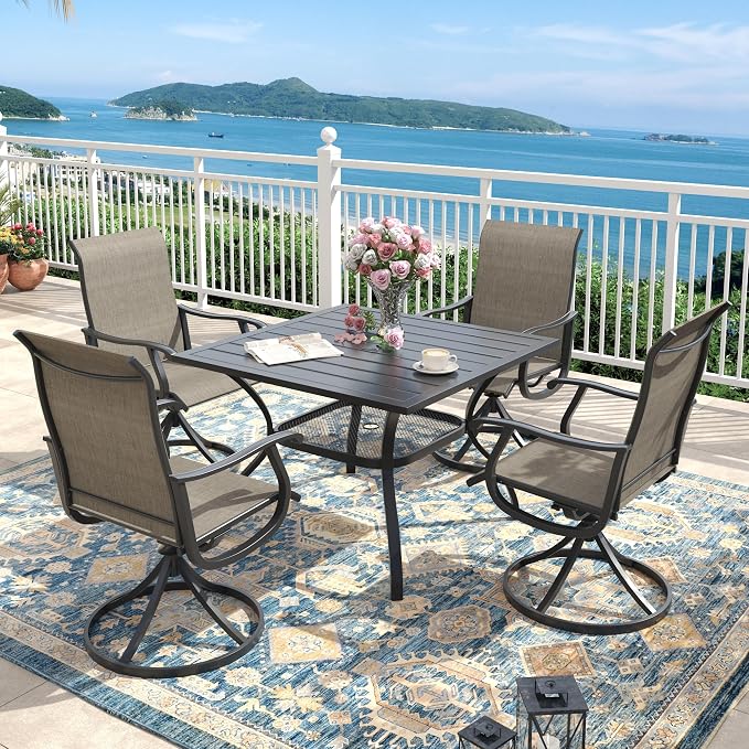 Outdoor Dining Set for 4, 37.8" Metal Outdoor Dining Table with Umbrella Hole and Sling Patio Swivel Chairs, 5 Pieces Patio Table and Chairs Set for Garden Backyard, Mixed Brown and Black