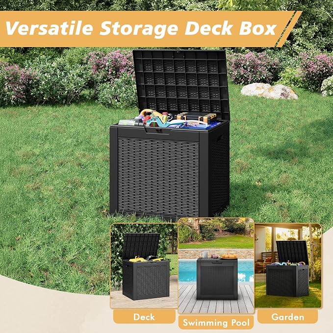 Fancyango 31 Gallon Outdoor Deck Box Waterproof, 2 Packs Storage Box for Patio, Resin Storage Bench Lockable for Garden Tools, Package Delivery, Black
