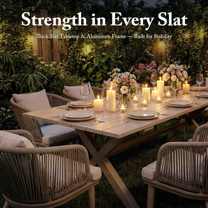 PURPLE LEAF 9 Pieces Patio Dining Set Wicker Outdoor Furniture Rectangular Table and Chairs Set for Garden Deck Aluminum Frame Backyard Kitchen Set, Cushions and Pillows Included Champagne