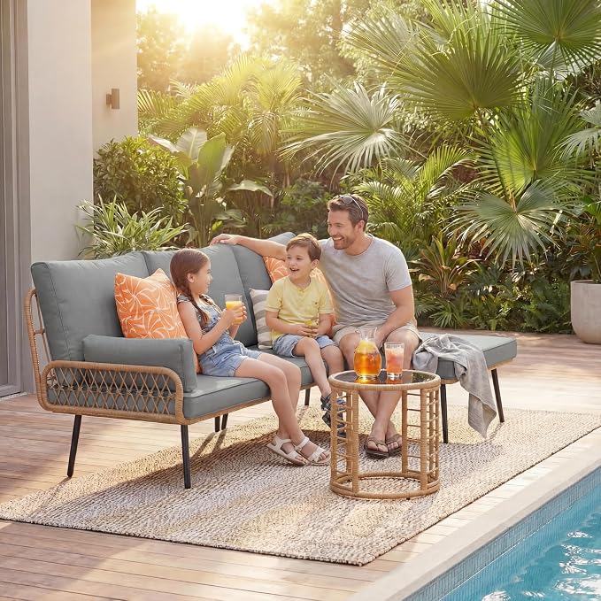 Gizoon 3-Piece Outdoor Patio Furniture Set, All-Weather PE Wicker L-Shaped Conversation Sofa with Thick Cushions & Glass Table, for Backyard, Porch, Balcony, Poolside (Grey)