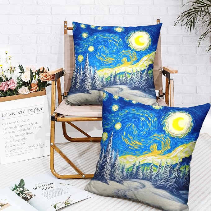 Winter Pine Forest Pillow Covers Van Gogh Starry Night Throw Pillow Covers Christmas Tree Pillowcase 16x16 Set of 2 Double Sided Printing Cushion Case for Living Room Couch Sofa