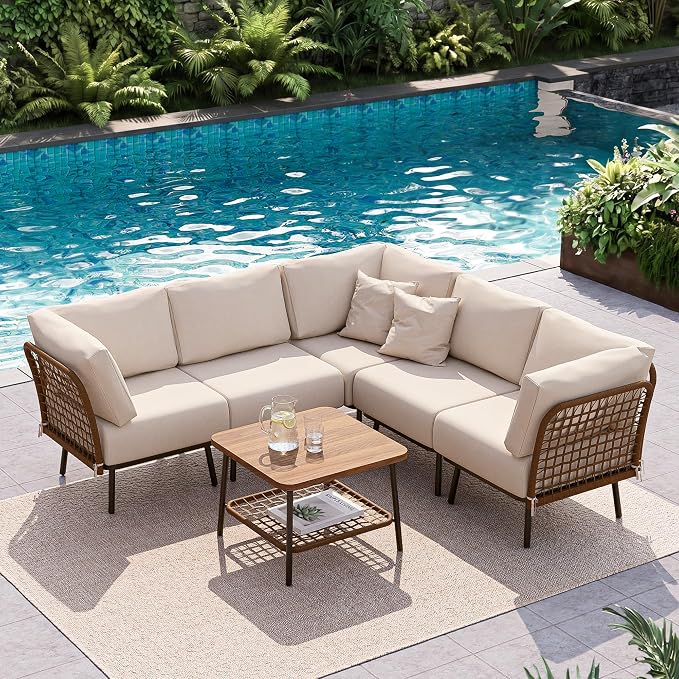 6-Piece Patio Conversation Set, Outdoor Sectional Sofa Modular Wicker Furniture with Thick Cushions & Wood Grain Coffee Table, Patio Furniture for Backyard Porch