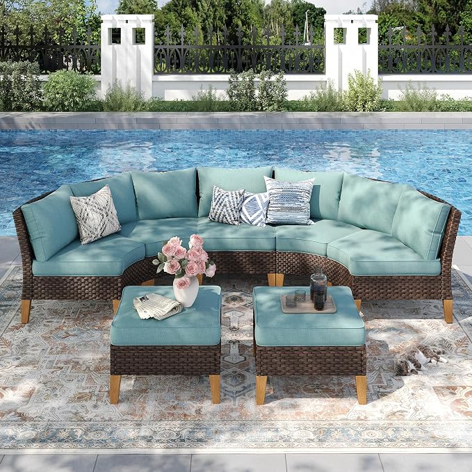 PHI VILLA 5-Piece Wicker Patio Furniture Set, Outdoor Sectional Sofa Conversation Set with Aqua Blue Cushions, Half-Moon Curved Modular Couch for Garden, Deck, Backyard