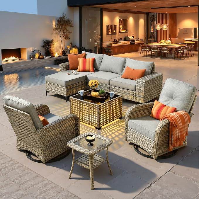 ovios 8-Piece Patio Furniture Set with L-Shape Sofa Chaise, Outdoor Sectional Couch Swivel Gliders Solar Table, Modern Modular Wicker Rattan Conversation Set, Dark Grey
