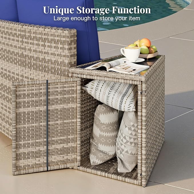 Jocisland 11-Piece All-Weather Wicker Conversation Set with Storage Table, Half-Moon Outdoor Sectional Sofa with Removable Cushions, Rattan Patio Furniture Set for Backyard, Garden & Deck, Blue