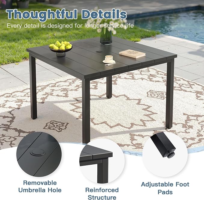 DIFY 5 Pieces Outdoor Dining Set, Metal Patio Table and Chairs Set for 4 with Umbrella Hole, 40.2" Black Square Table and Blue Textilene Swivel Patio Chairs for Garden, Backyard, Poolside