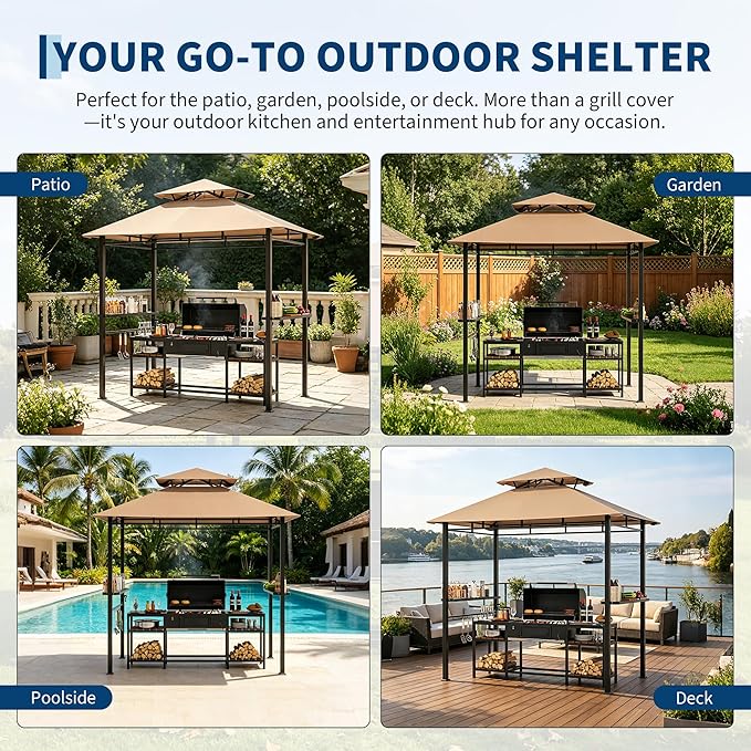 Garvee 8' x 5' Outdoor BBQ Grill Gazebo, Double-Tiered Vented Patio Canopy Tent with 2 Side Shelves for Cooking and Outdoor Entertaining
