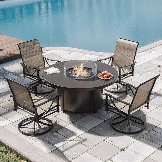 Kurapika 5 Piece Outdoor Conversation Sets, Patio Furniture Set, 4 Textilene Fabric Swivel Chairs and w/48in Propane Round Fire Pit Table for Deck Garden Backyard Porch,Brown