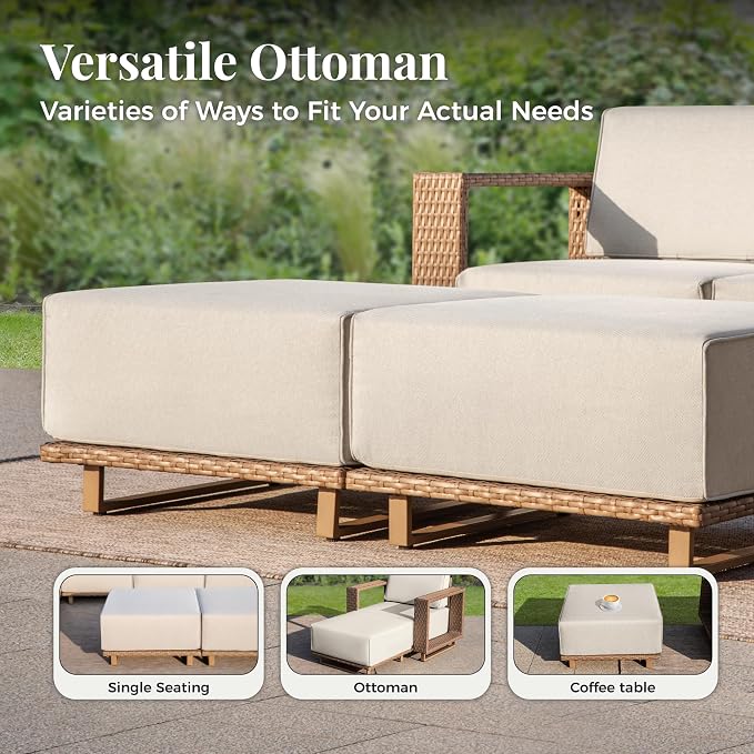 MIXPATIO Patio Sectional Furniture with Fire Pit, 9 Pieces Outdoor Wicker Sofa Set, Yellow Rattan Modular Conversation Sets with 10" Thick Cushions, L Shape Low Profile Lawn Deck Garden Furniture