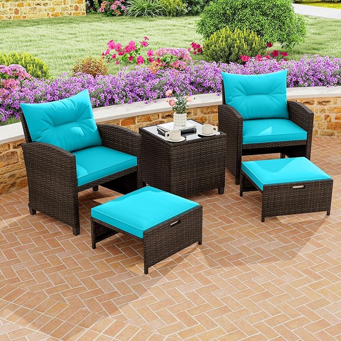 ORALNER 5 Pieces Patio Furniture Set with Ottoman, Wicker Conversation Set w/Cushions, Glass Coffee Table, Outdoor Rattan Lounger Chairs Bistro Set for Porch Balcony Garden Deck Poolside (Turquoise)