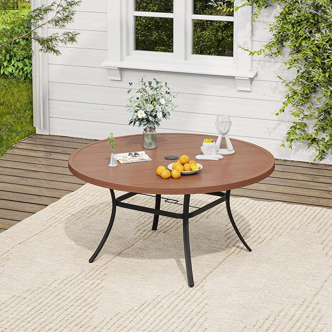 VICLLAX Round Patio Dining Set for 8, Metal Slatted Patio Table with Umbrella Hole and Stackable Patio Chairs for Deck Lawn Garden, Brown Fabric and Walnut Tabletop