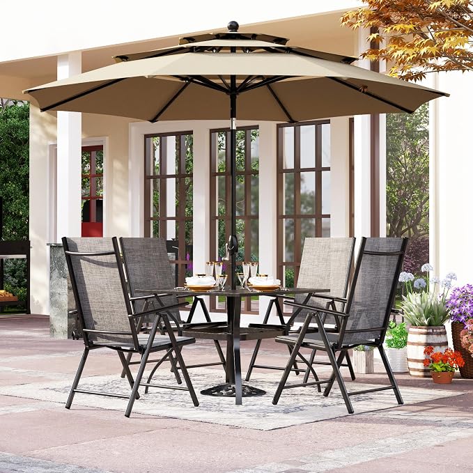 PHI VILLA Outdoor Patio Dining Set with 10ft Umbrella for 4, Outdoor Table Chairs Set with Adjustable Folding Patio Chair for Garden (No Umbrella Base)