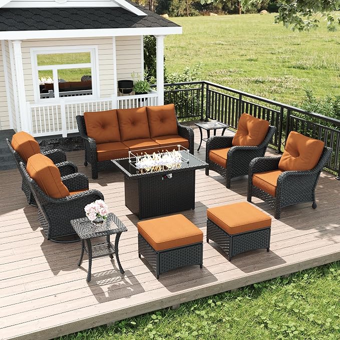 LayinSun 10 Piece Wicker Outdoor Furniture Set with 6-inch Comfy Cushions, High Back Patio Furniture Set with Swivel Rocking Chairs and Fire Pit Table