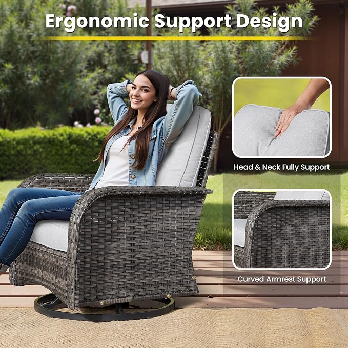 5 Pieces Outdoor Patio Furniture Set with Coffee Table, All Weather Wicker Patio Conversation Sets with Rocking Chairs, Balcony Furniture Sets for Backyard, Garden, Poolside, Grey