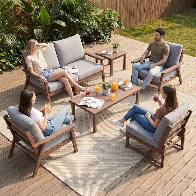Ayge HDPE Patio Furniture Set,7 Piece Sectional Outdoor Furniture Set, All Weather Outdoor Couch Set Patio Conversation Set for Deck, Lawn, Brown