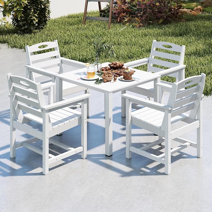 Domi HDPE Outdoor Dining Set, All-Weather Outdoor Dining Table Set of 5 with 2" Umbrella Hole, Outdoor Patio Dining Set for Garden, Poolside, Backyard, Deck, White