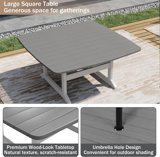 All Weather Patio Dining Table Set for 8, HDPE Heavy Duty Outdoor Rectangular Table & 8 Chairs, 9PCS Outdoor Furniture Set for Patio Garden Lawn, White and Grey