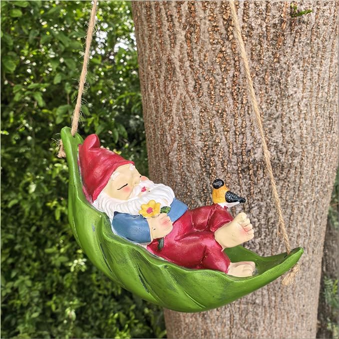 Gnome Garden Deko Outdoor Statues, Bird Flowers Resin Hanging Tree Gnomes Decorations Ornaments Figurines for Outside Backyard Art Decor