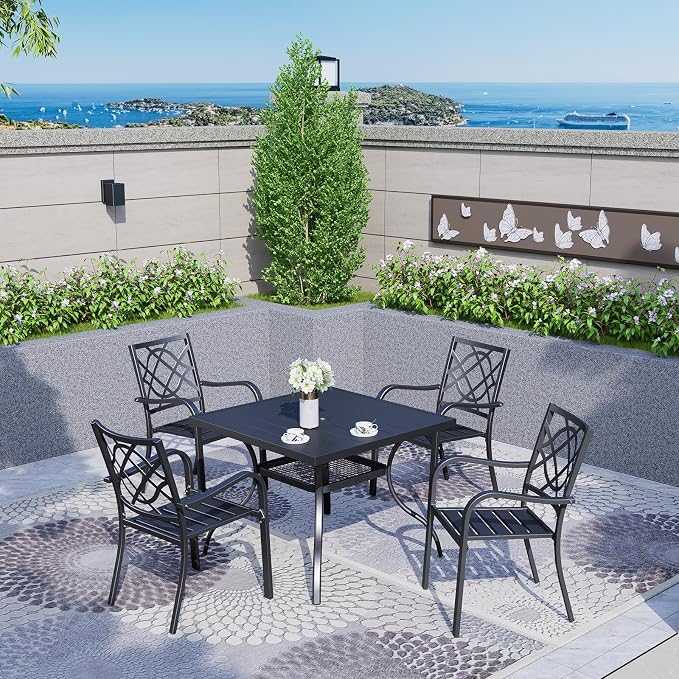 Crownland 5 Piece Patio Dining Set, 4 Stackable Metal Chairs and Square Outdoor Dining Table with 1.57 inch Umbrella Hole (Metal Tabletop), Black