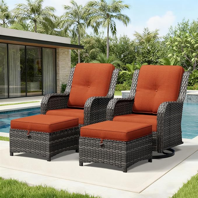 Joyside 4 Piece Wicker Patio Furniture Set, Outdoor Swivel Rocker Patio Chairs with High Back, Deep Seating, Wide Armrest, Thickened Cushions, Outdoor Furniture for Deck, Porch Use