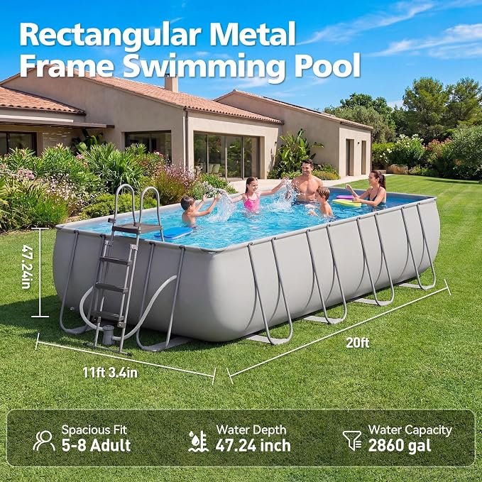 18' x 9' x 47" Rectangular Above Ground Pool Set with Removable Ladder and Filter Pump, Large Swimming Pool for Backyard, Gray